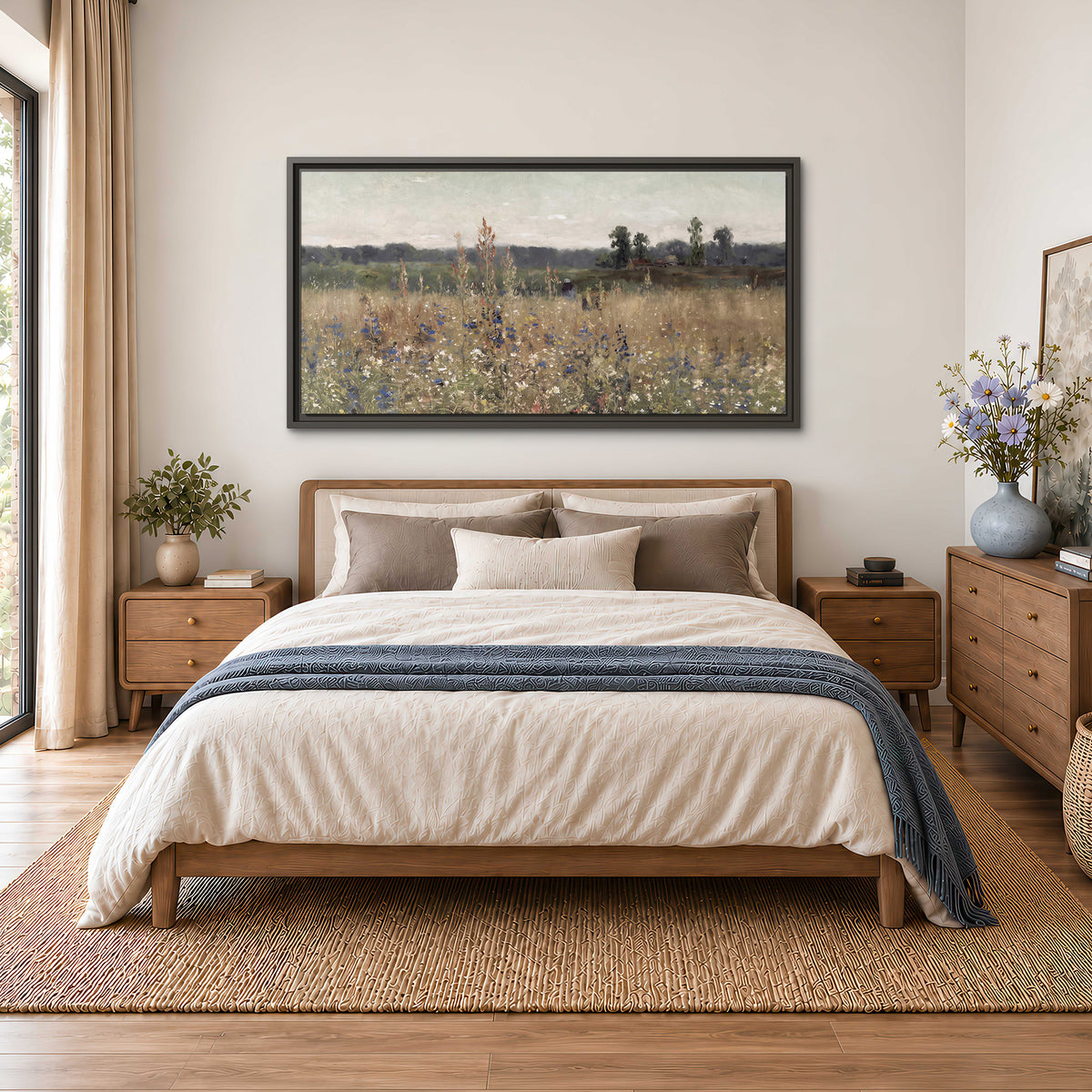 A loose painterly meadow with scattered blue and white wildflowers single framed canvas wall art styled in an interior