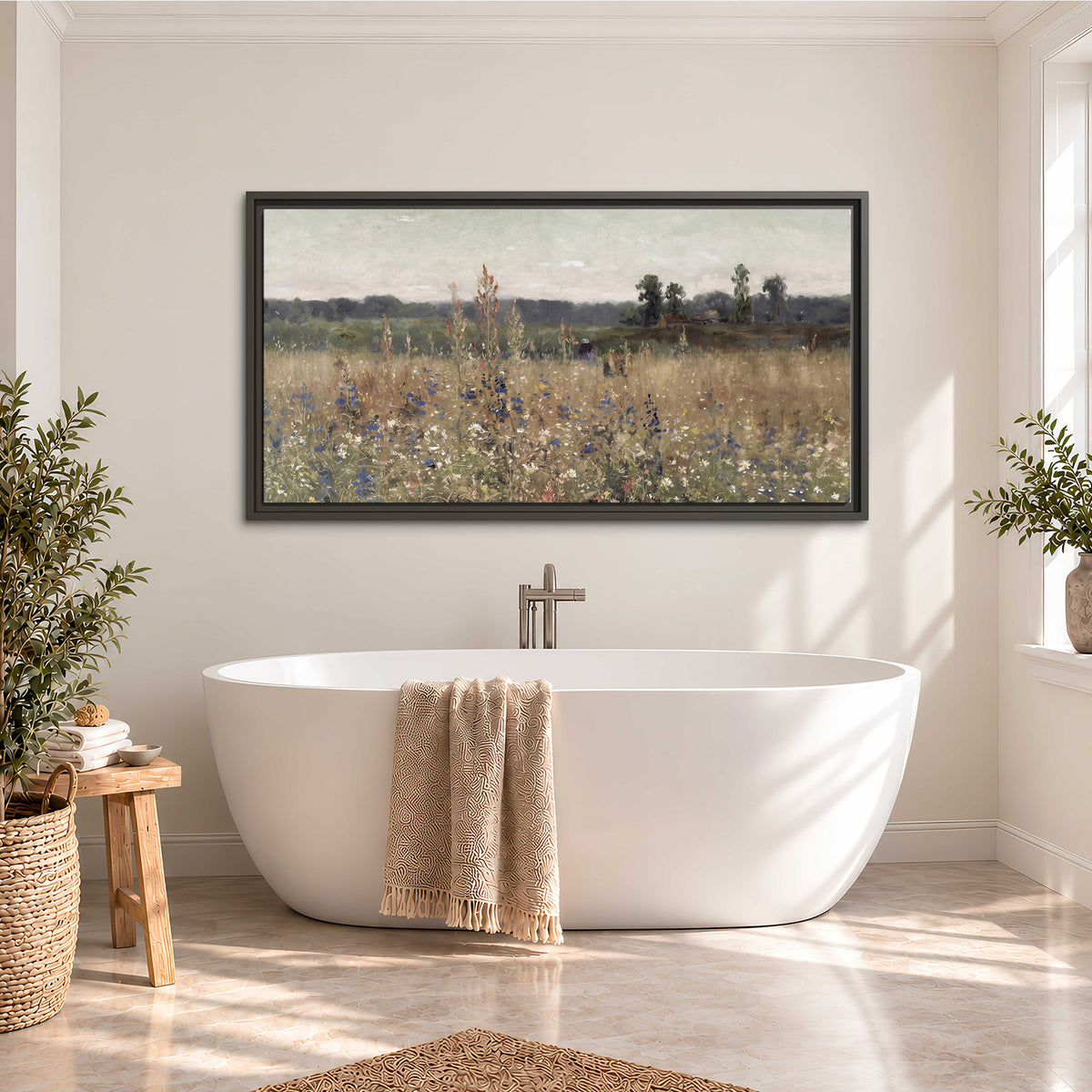 A loose painterly meadow with scattered blue and white wildflowers single framed canvas wall art styled in an interior