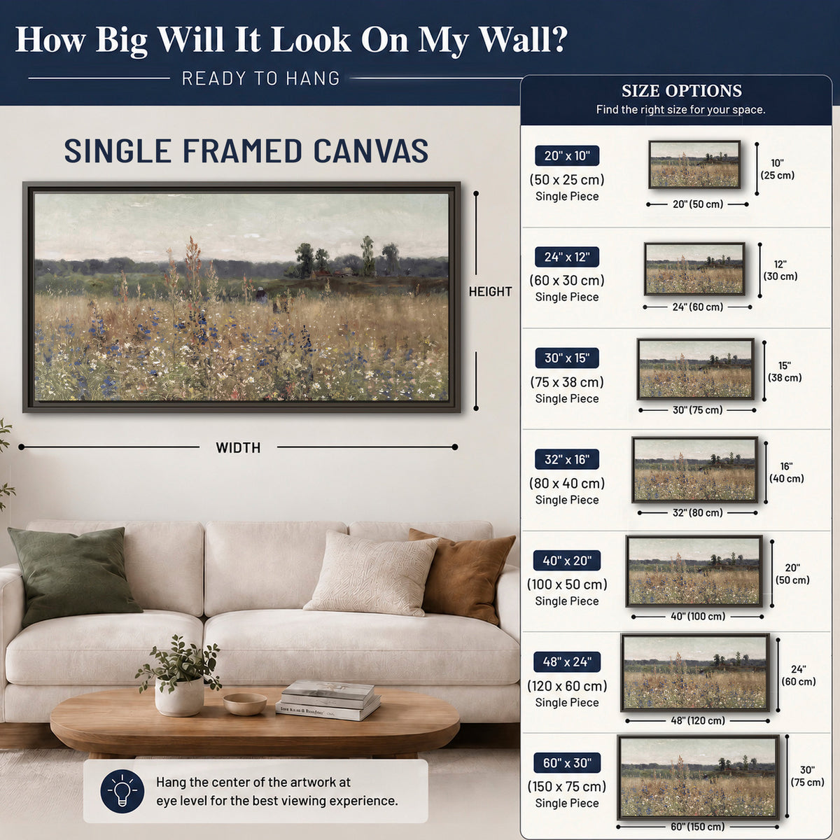 A loose painterly meadow with scattered blue and white wildflowers single framed canvas wall art size guide above a sofa; room view is illustrative