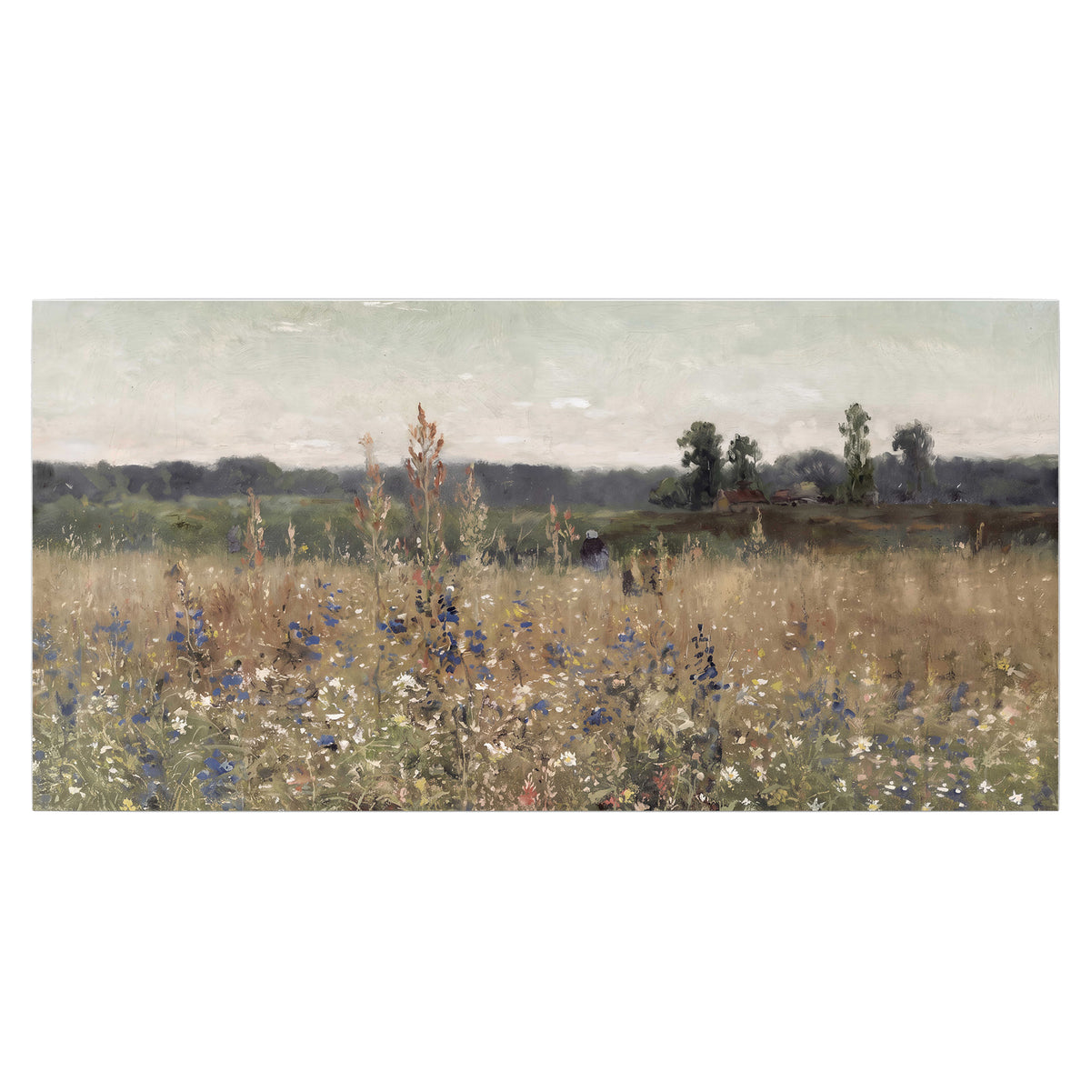 A loose painterly meadow with scattered blue and white wildflowers single poster print viewed straight on