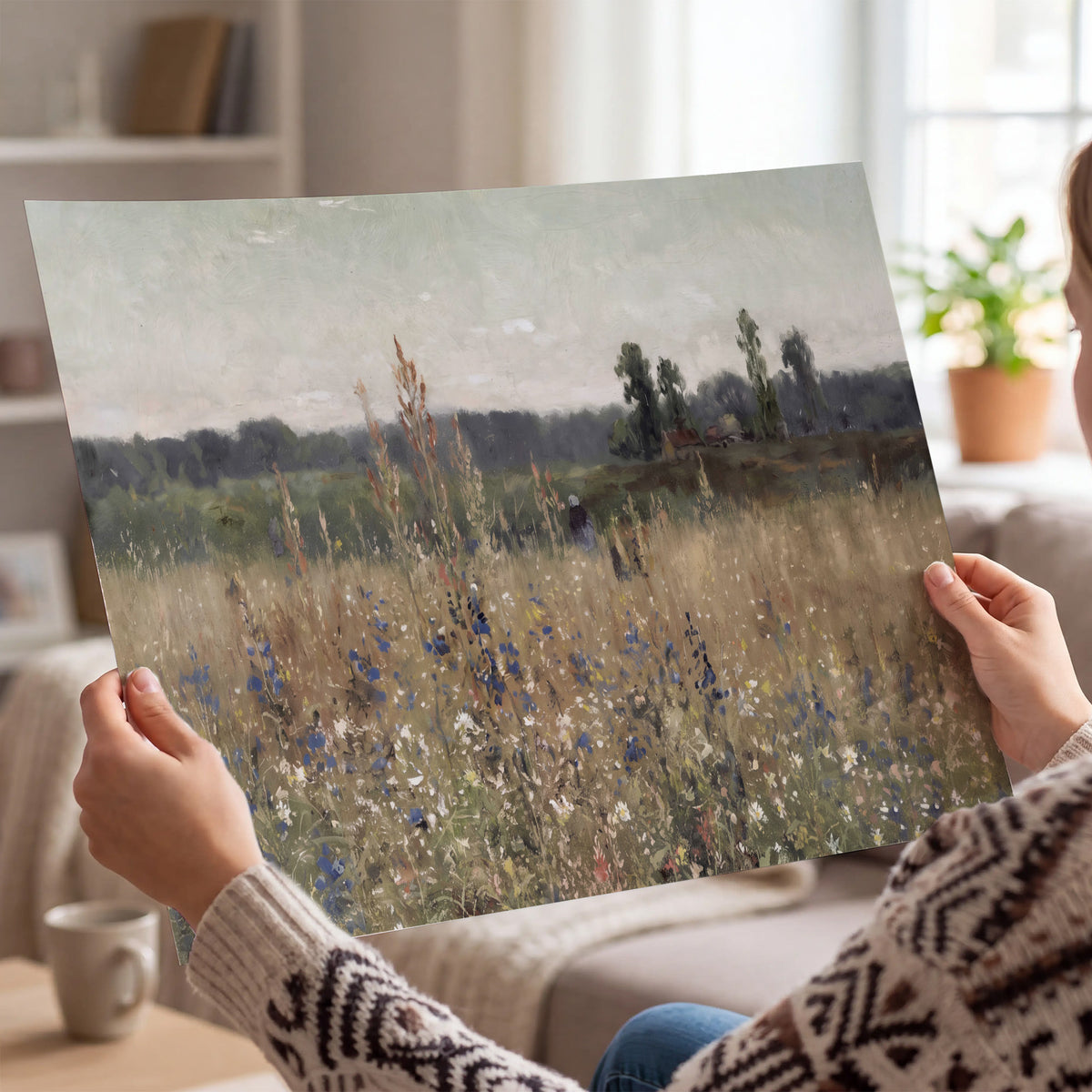 A loose painterly meadow with scattered blue and white wildflowers single poster print held in hands
