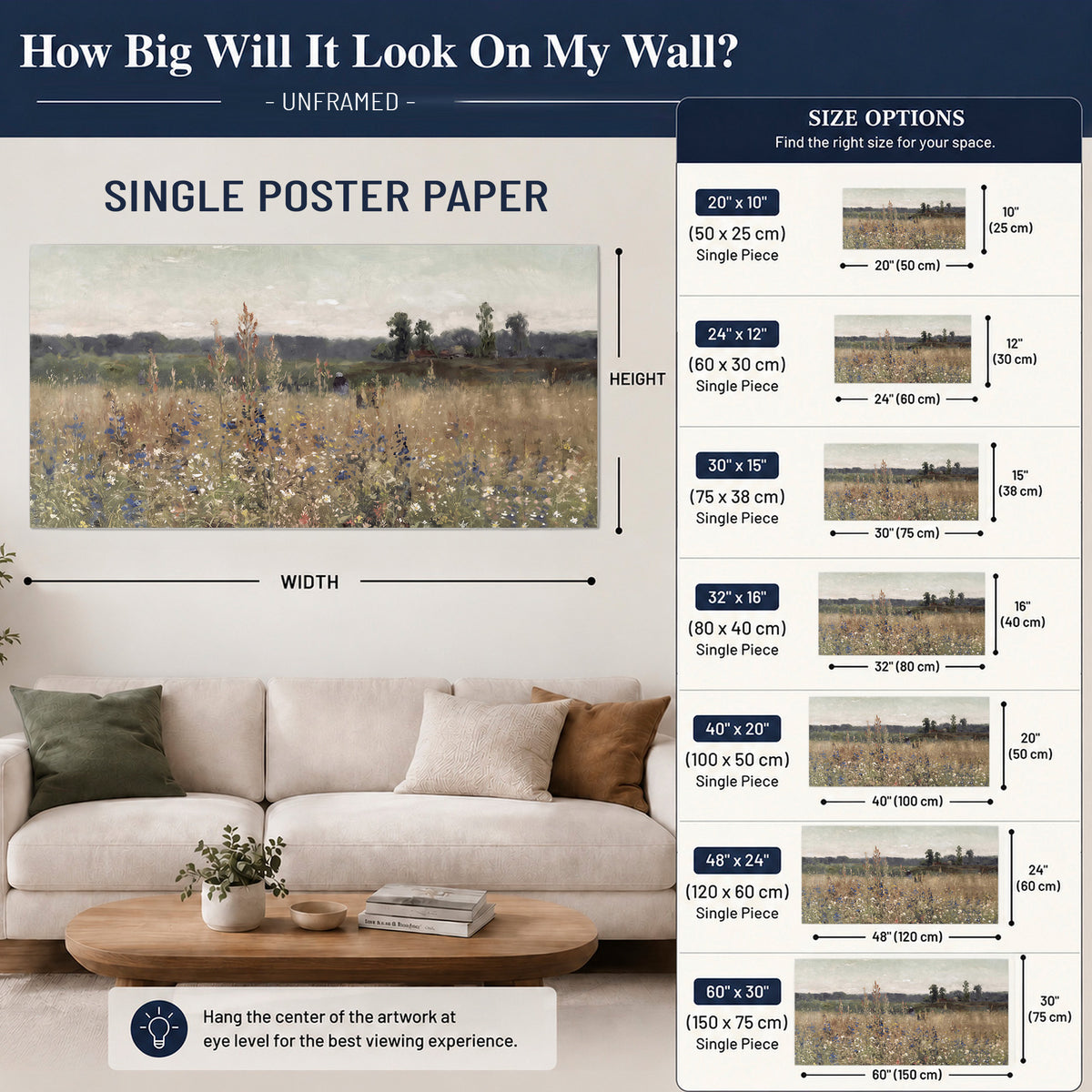 A loose painterly meadow with scattered blue and white wildflowers single poster print size guide above a sofa; room view is illustrative