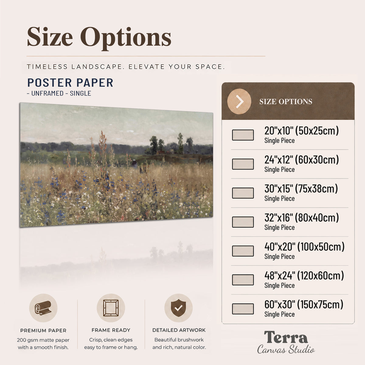 A loose painterly meadow with scattered blue and white wildflowers single poster print available dimensions