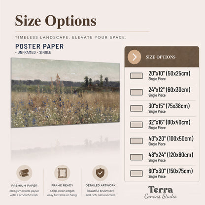 A loose painterly meadow with scattered blue and white wildflowers single poster print available dimensions