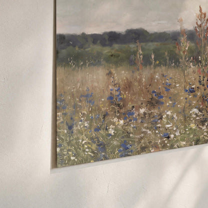 A loose painterly meadow with scattered blue and white wildflowers set of 3 poster prints material and edge close up