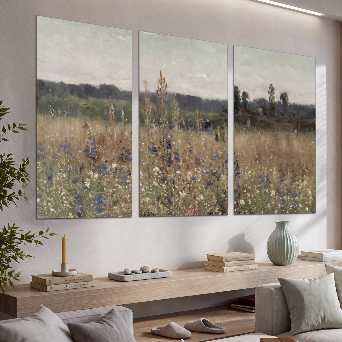 A loose painterly meadow with scattered blue and white wildflowers set of 3 poster prints displayed in a console