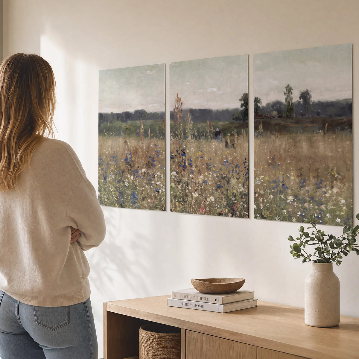 A loose painterly meadow with scattered blue and white wildflowers set of 3 poster prints three panel arrangement on a wall