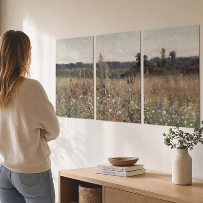 A loose painterly meadow with scattered blue and white wildflowers set of 3 poster prints three panel arrangement on a wall