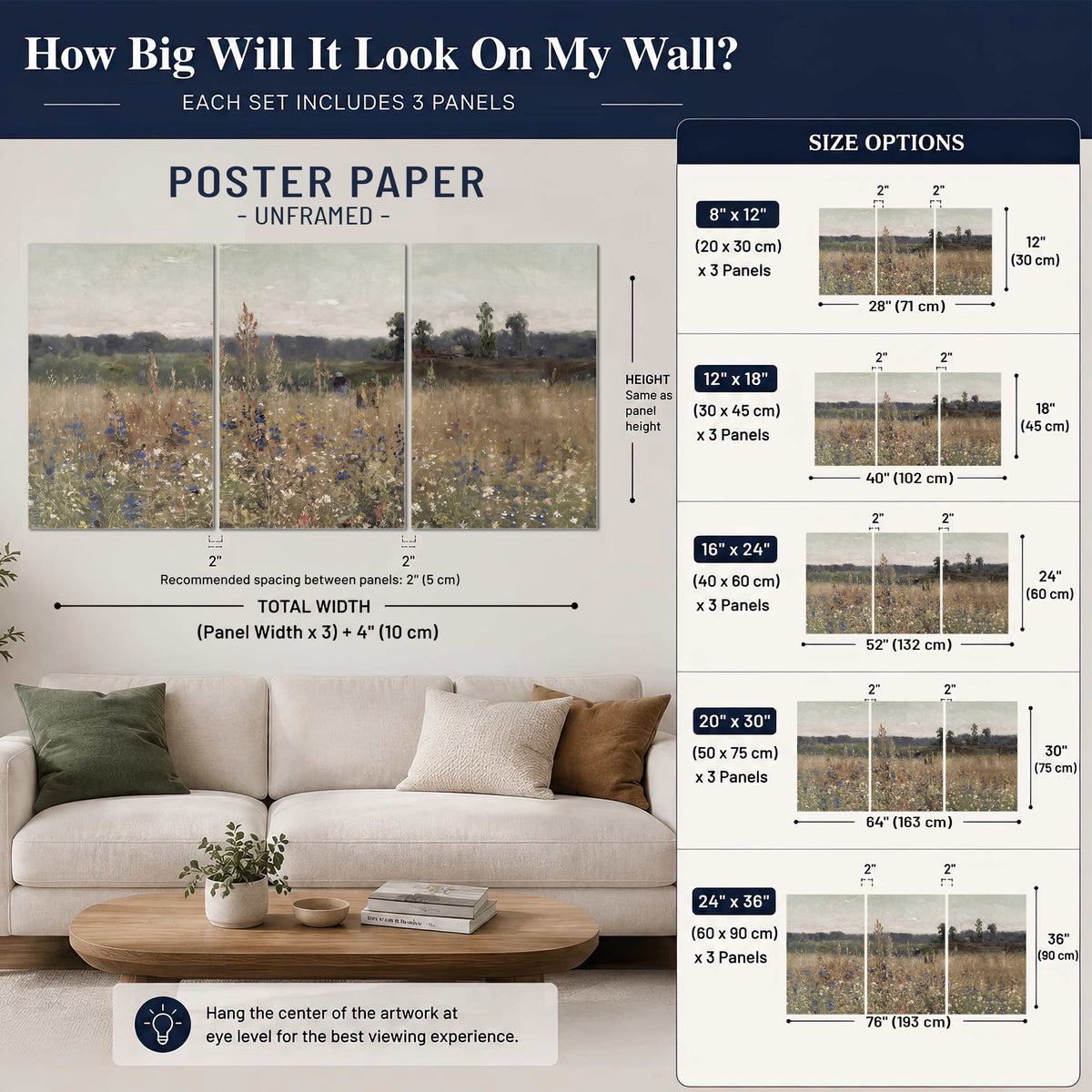 A loose painterly meadow with scattered blue and white wildflowers set of 3 poster prints size guide above a sofa; room view is illustrative