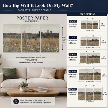 A loose painterly meadow with scattered blue and white wildflowers set of 3 poster prints size guide above a sofa; room view is illustrative