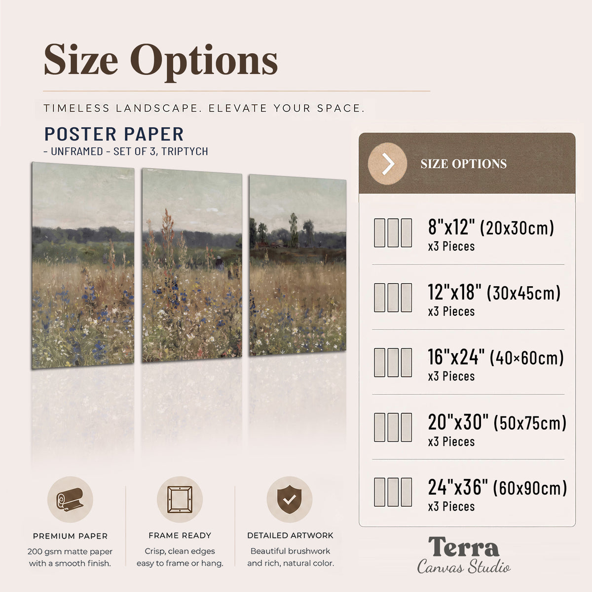 A loose painterly meadow with scattered blue and white wildflowers set of 3 poster prints available dimensions; triptych dimensions are per panel