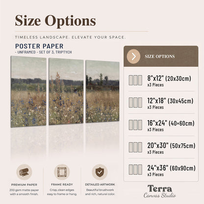 A loose painterly meadow with scattered blue and white wildflowers set of 3 poster prints available dimensions; triptych dimensions are per panel