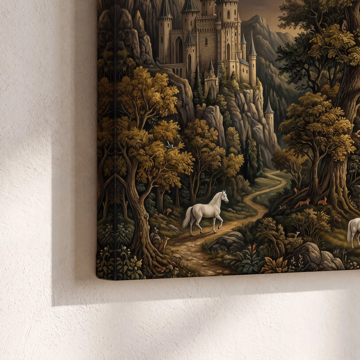 Fantasy castles, white horses and golden trees beneath a crescent moon 3 piece canvas wall art material and edge close up