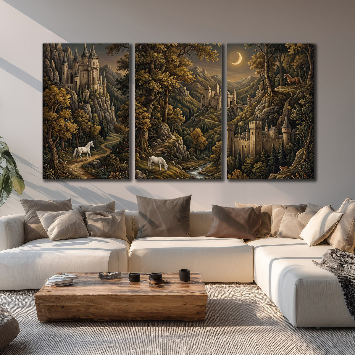 Fantasy castles, white horses and golden trees beneath a crescent moon 3 piece canvas wall art displayed in a living room