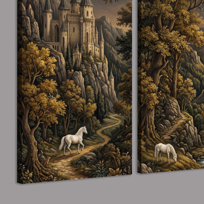 Fantasy castles, white horses and golden trees beneath a crescent moon 3 piece canvas wall art room and product view