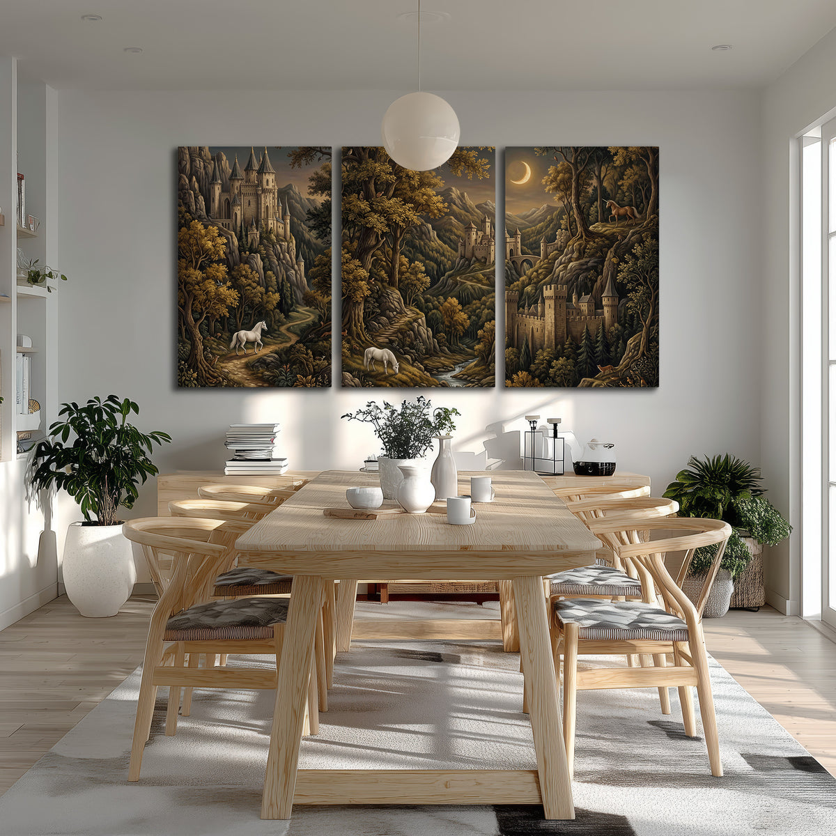 Fantasy castles, white horses and golden trees beneath a crescent moon 3 piece canvas wall art room and product view