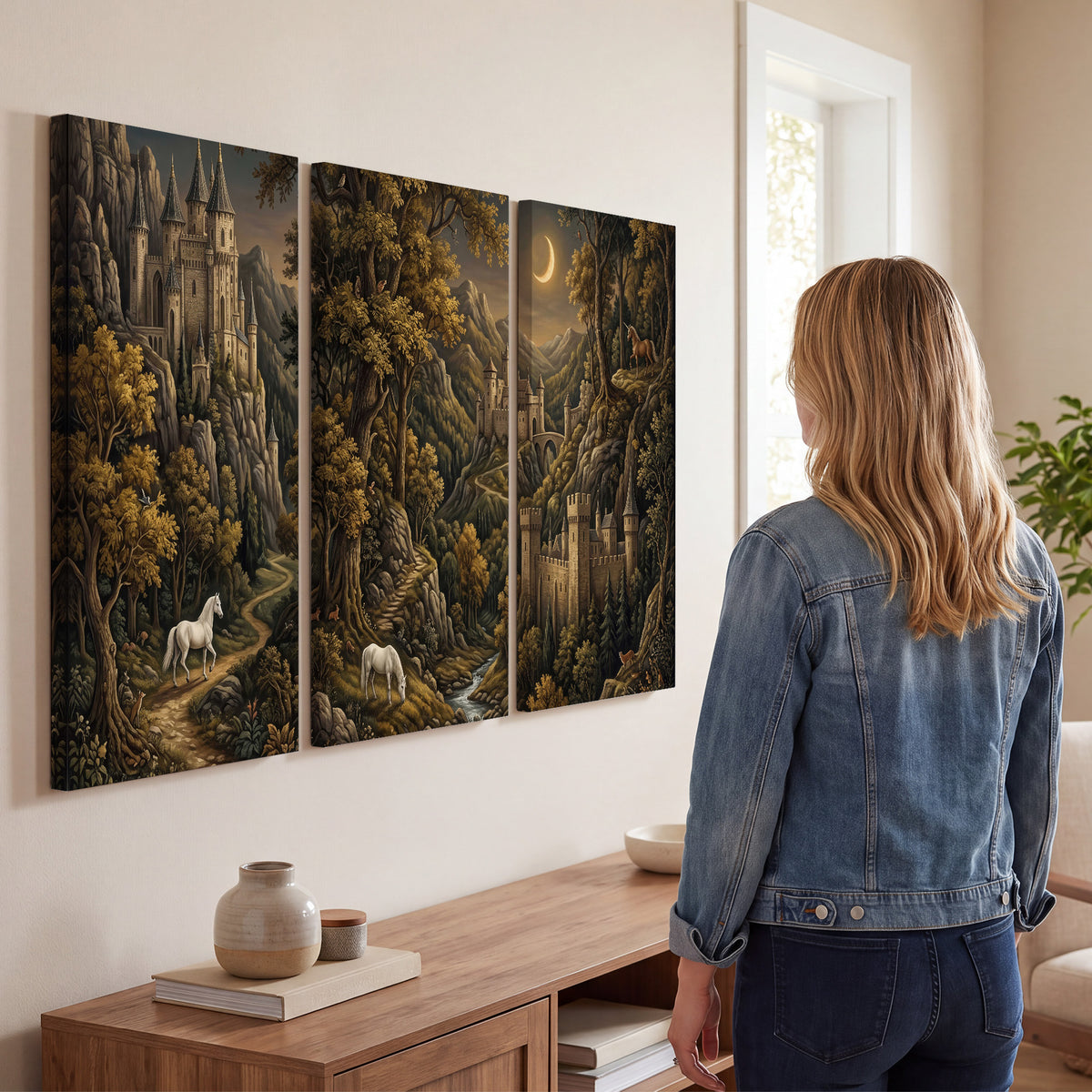 Fantasy castles, white horses and golden trees beneath a crescent moon 3 piece canvas wall art three panel arrangement on a wall