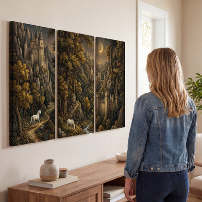 Fantasy castles, white horses and golden trees beneath a crescent moon 3 piece canvas wall art three panel arrangement on a wall
