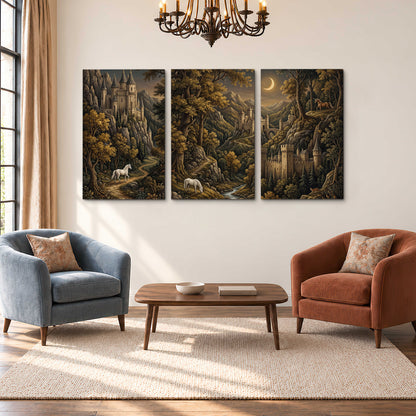 Fantasy castles, white horses and golden trees beneath a crescent moon 3 piece canvas wall art styled in an interior