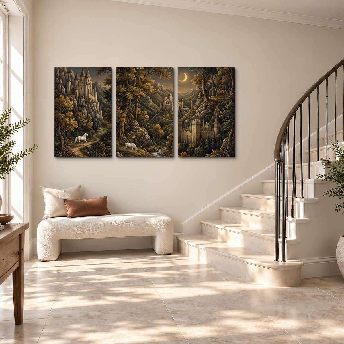 Fantasy castles, white horses and golden trees beneath a crescent moon 3 piece canvas wall art styled in an interior