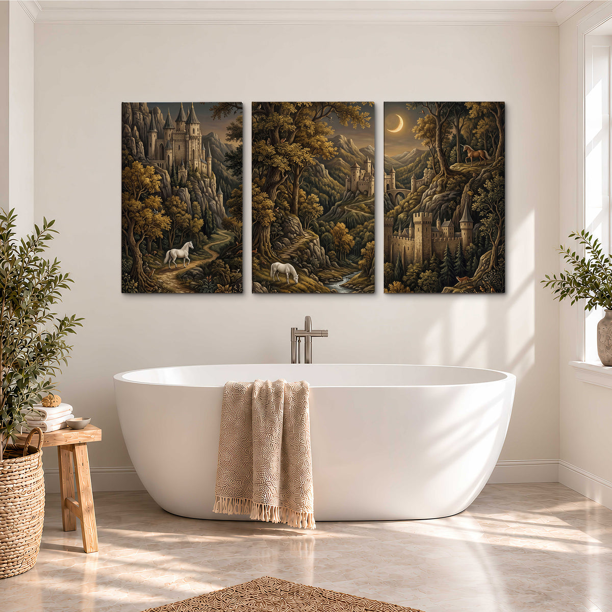 Fantasy castles, white horses and golden trees beneath a crescent moon 3 piece canvas wall art styled in an interior