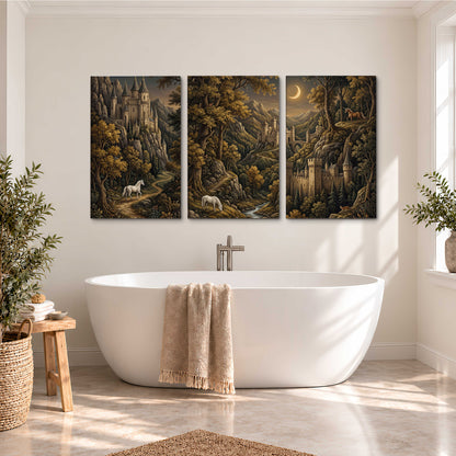 Fantasy castles, white horses and golden trees beneath a crescent moon 3 piece canvas wall art styled in an interior