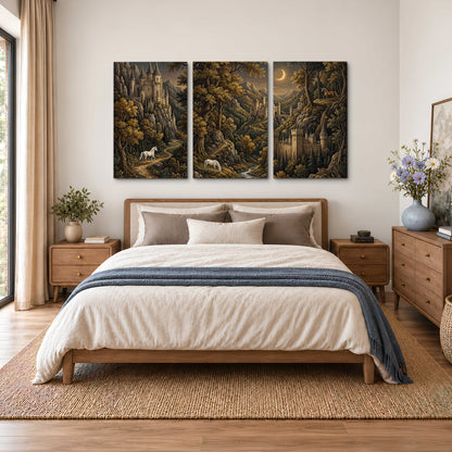 Fantasy castles, white horses and golden trees beneath a crescent moon 3 piece canvas wall art styled in an interior