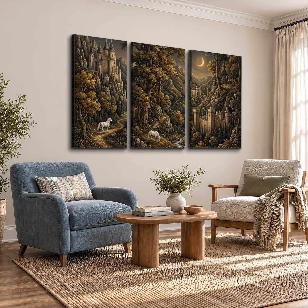 Fantasy castles, white horses and golden trees beneath a crescent moon 3 piece canvas wall art styled in an interior