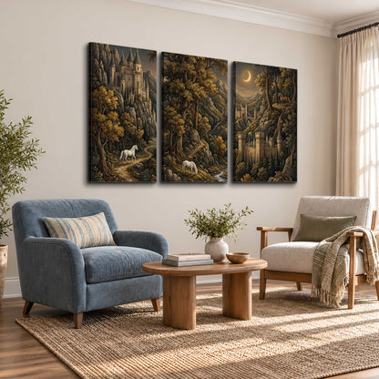 Fantasy castles, white horses and golden trees beneath a crescent moon 3 piece canvas wall art styled in an interior