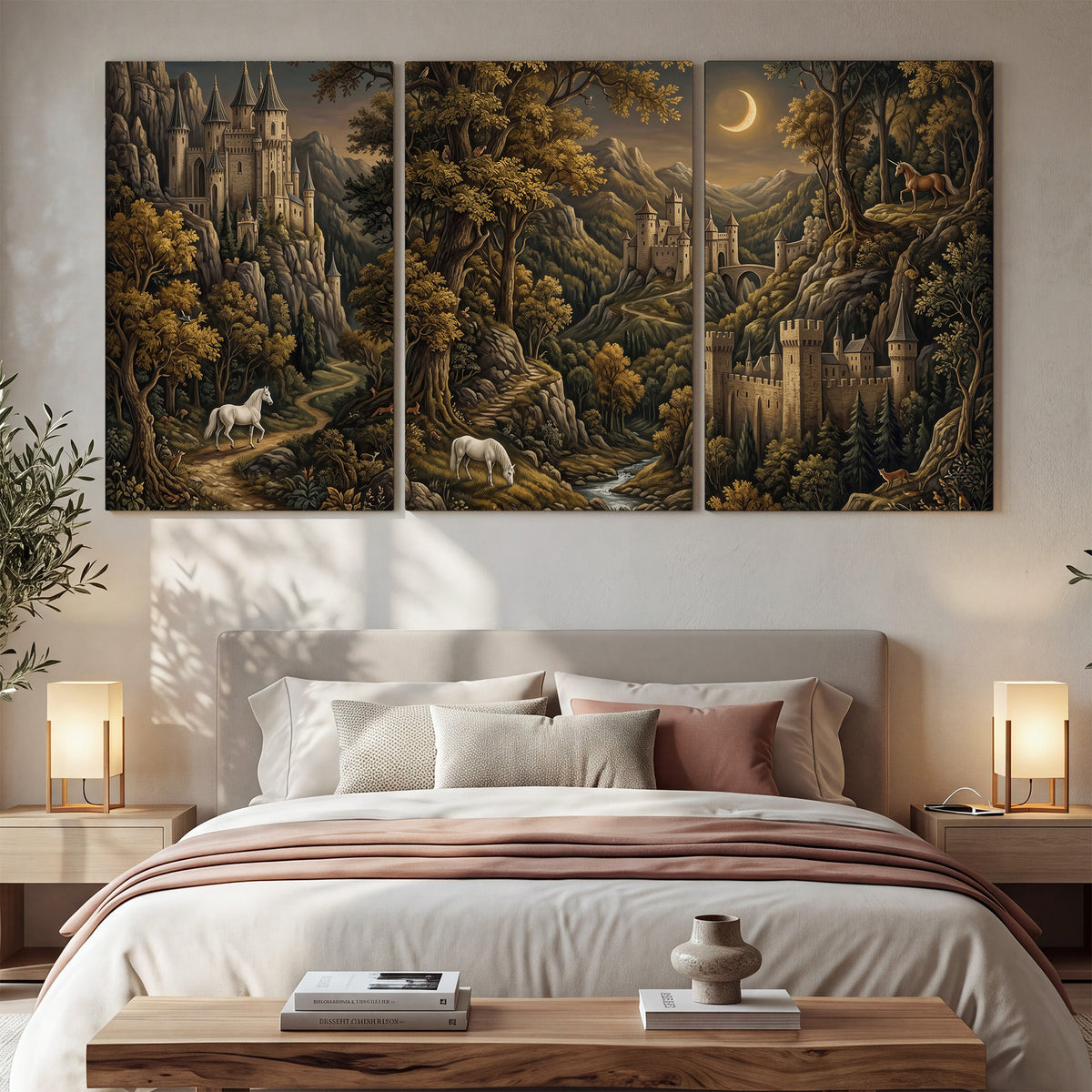 Fantasy castles, white horses and golden trees beneath a crescent moon 3 piece canvas wall art displayed in a bedroom