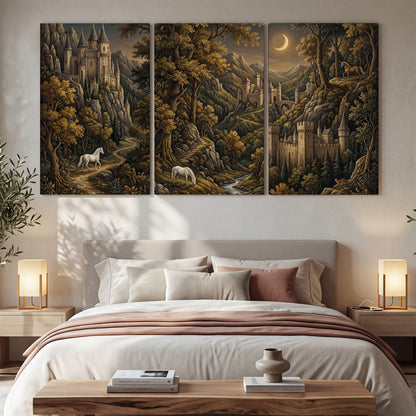 Fantasy castles, white horses and golden trees beneath a crescent moon 3 piece canvas wall art displayed in a bedroom