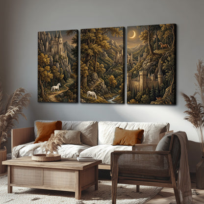Fantasy castles, white horses and golden trees beneath a crescent moon 3 piece canvas wall art displayed in a rustic living room