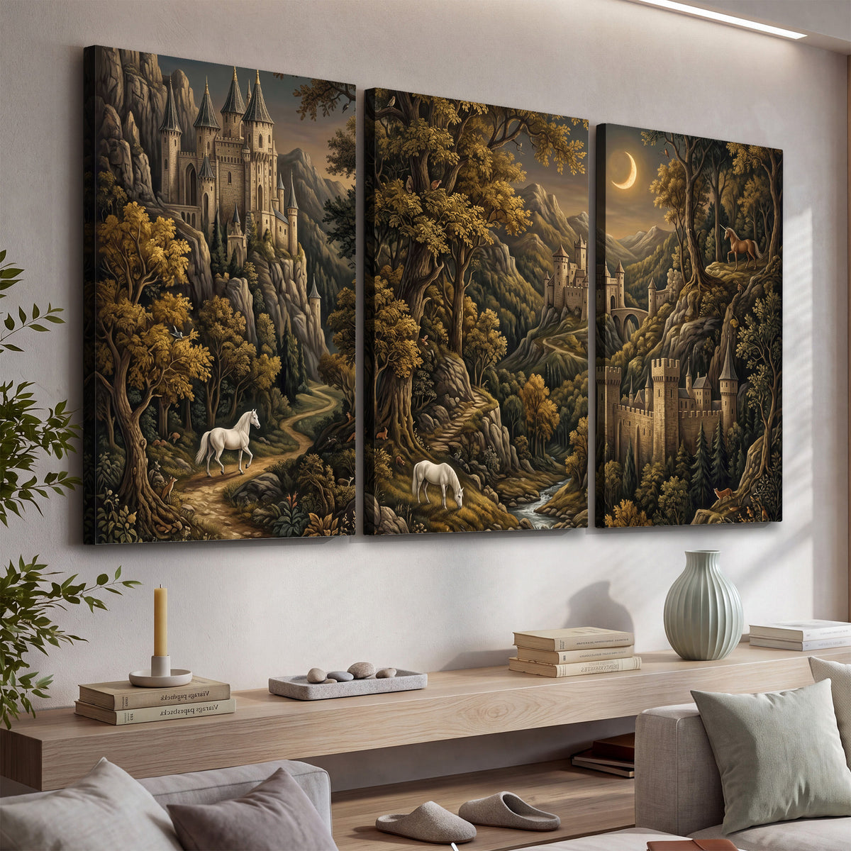 Fantasy castles, white horses and golden trees beneath a crescent moon 3 piece canvas wall art displayed in a console