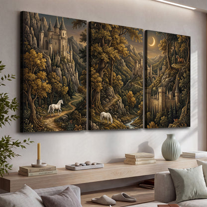 Fantasy castles, white horses and golden trees beneath a crescent moon 3 piece canvas wall art displayed in a console