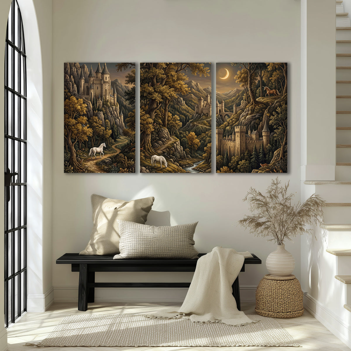 Fantasy castles, white horses and golden trees beneath a crescent moon 3 piece canvas wall art displayed in a entryway