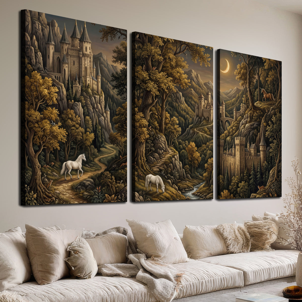 Fantasy castles, white horses and golden trees beneath a crescent moon 3 piece canvas wall art room and product view