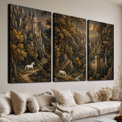 Fantasy castles, white horses and golden trees beneath a crescent moon 3 piece canvas wall art room and product view