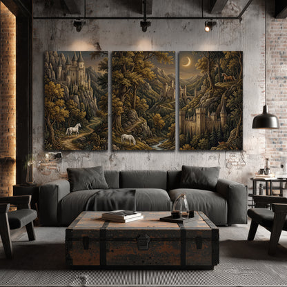 Fantasy castles, white horses and golden trees beneath a crescent moon 3 piece canvas wall art displayed in a industrial room