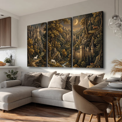 Fantasy castles, white horses and golden trees beneath a crescent moon 3 piece canvas wall art room and product view