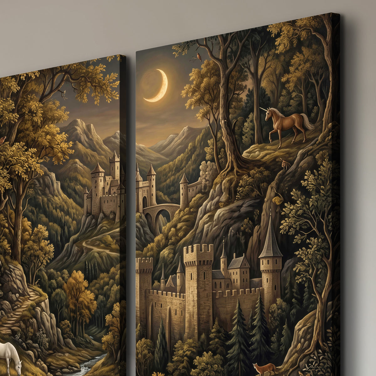 Fantasy castles, white horses and golden trees beneath a crescent moon 3 piece canvas wall art room and product view