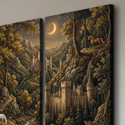 Fantasy castles, white horses and golden trees beneath a crescent moon 3 piece canvas wall art room and product view