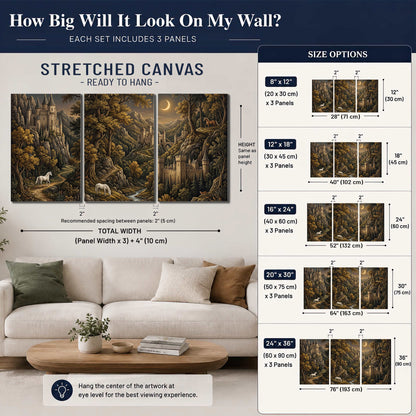 Fantasy castles, white horses and golden trees beneath a crescent moon 3 piece canvas wall art size guide above a sofa; room view is illustrative