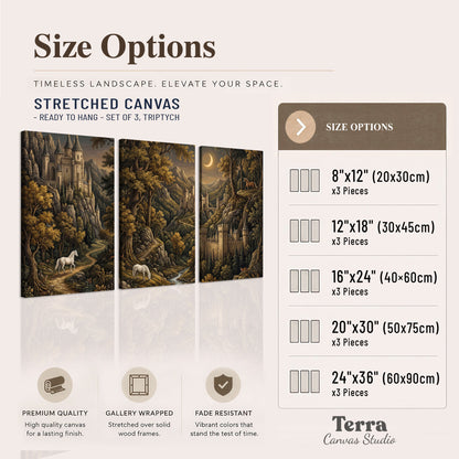 Fantasy castles, white horses and golden trees beneath a crescent moon 3 piece canvas wall art available dimensions; triptych dimensions are per panel