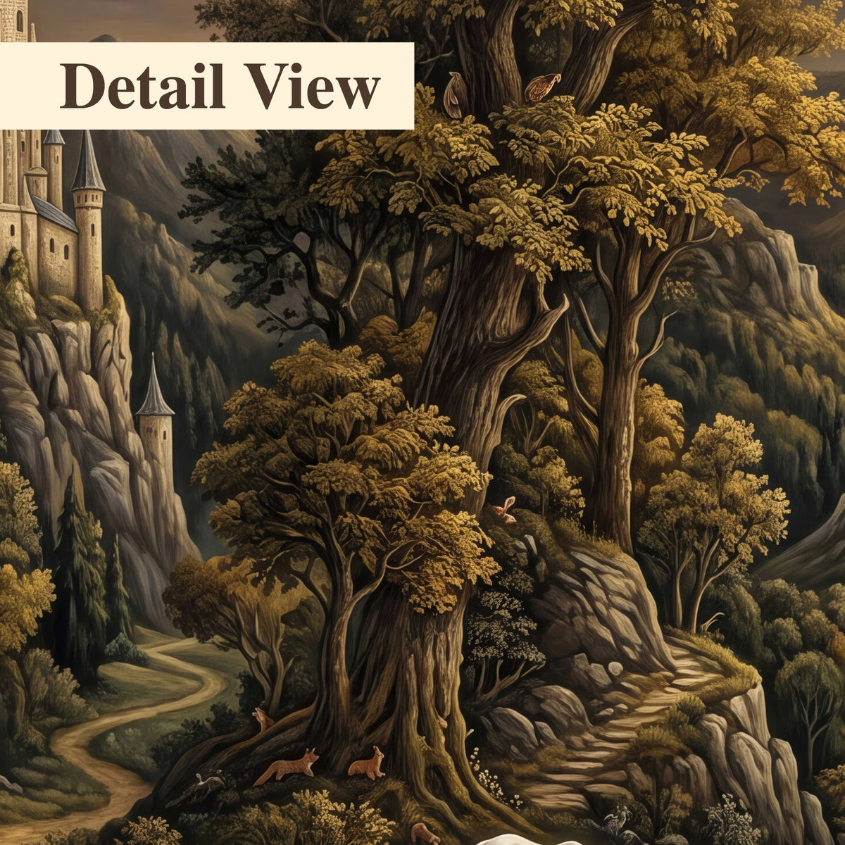 Fantasy castles, white horses and golden trees beneath a crescent moon 3 piece canvas wall art artwork detail close up