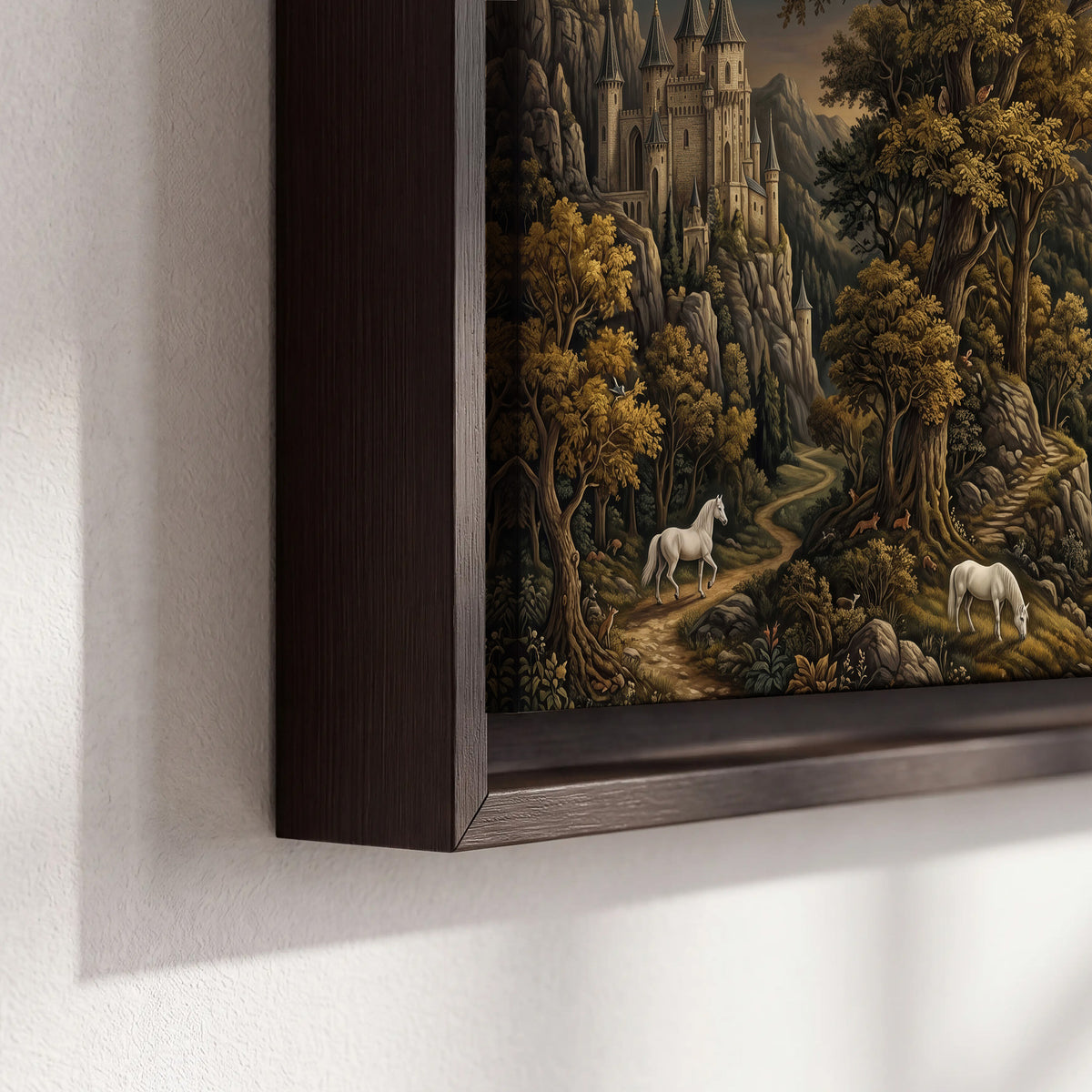 Fantasy castles, white horses and golden trees beneath a crescent moon 3 piece framed canvas wall art material and edge close up