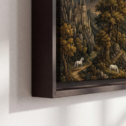 Fantasy castles, white horses and golden trees beneath a crescent moon 3 piece framed canvas wall art material and edge close up