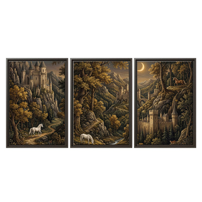 Fantasy castles, white horses and golden trees beneath a crescent moon 3 piece framed canvas wall art viewed straight on