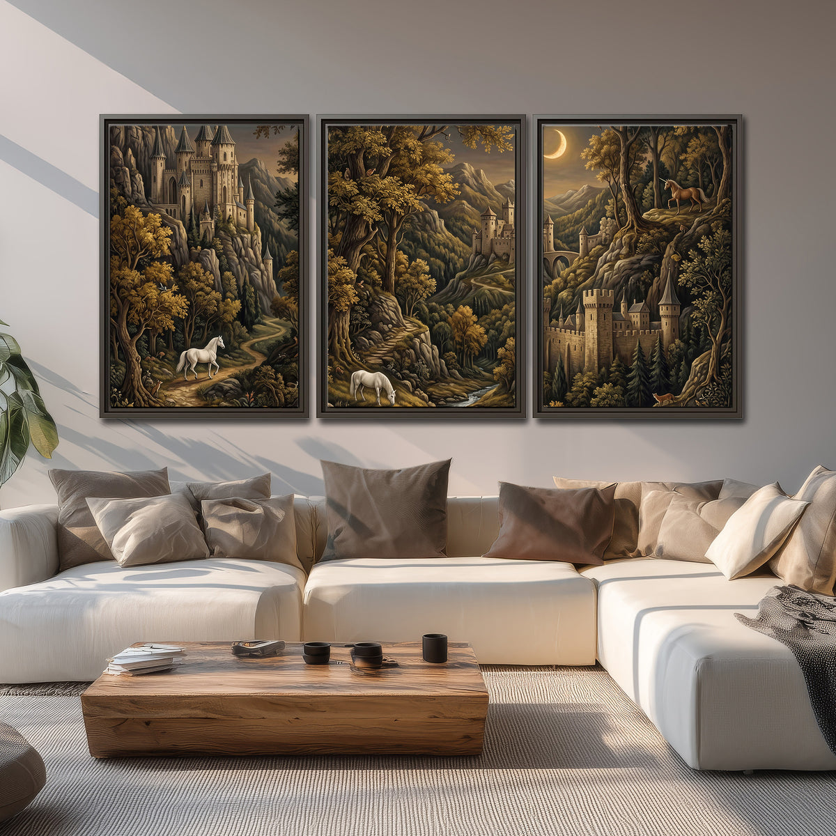 Fantasy castles, white horses and golden trees beneath a crescent moon 3 piece framed canvas wall art displayed in a living room