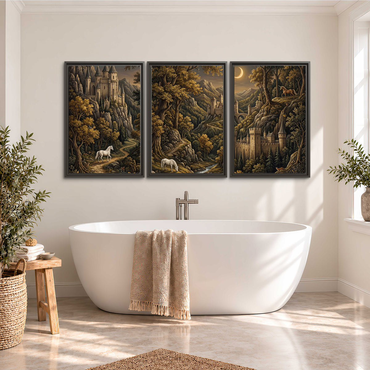 Fantasy castles, white horses and golden trees beneath a crescent moon 3 piece framed canvas wall art styled in an interior