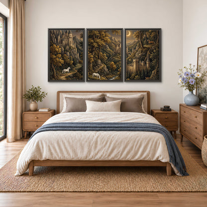 Fantasy castles, white horses and golden trees beneath a crescent moon 3 piece framed canvas wall art styled in an interior